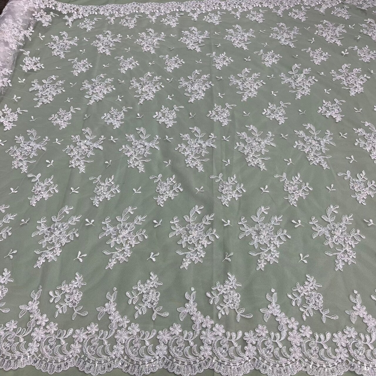 1 Yard Luxurious Beaded and Corded Bridal Lace Fabric Embroidered on 100% Polyester Net Mesh 52 inch Width